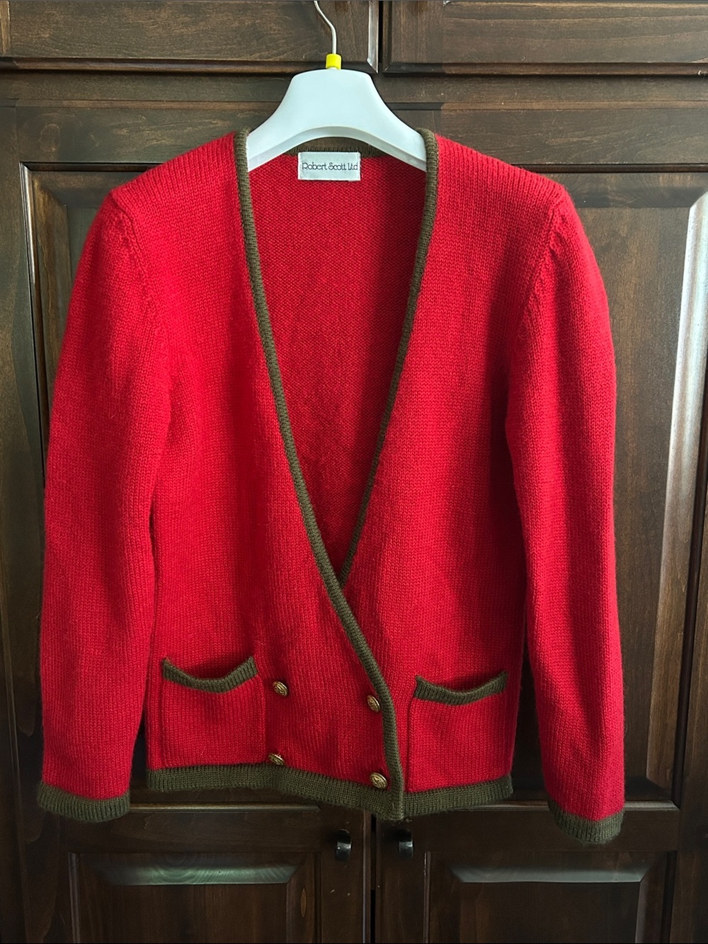 1990’s Robert Scott Red V-Neck Button Cardigan with Olive Trim Wool